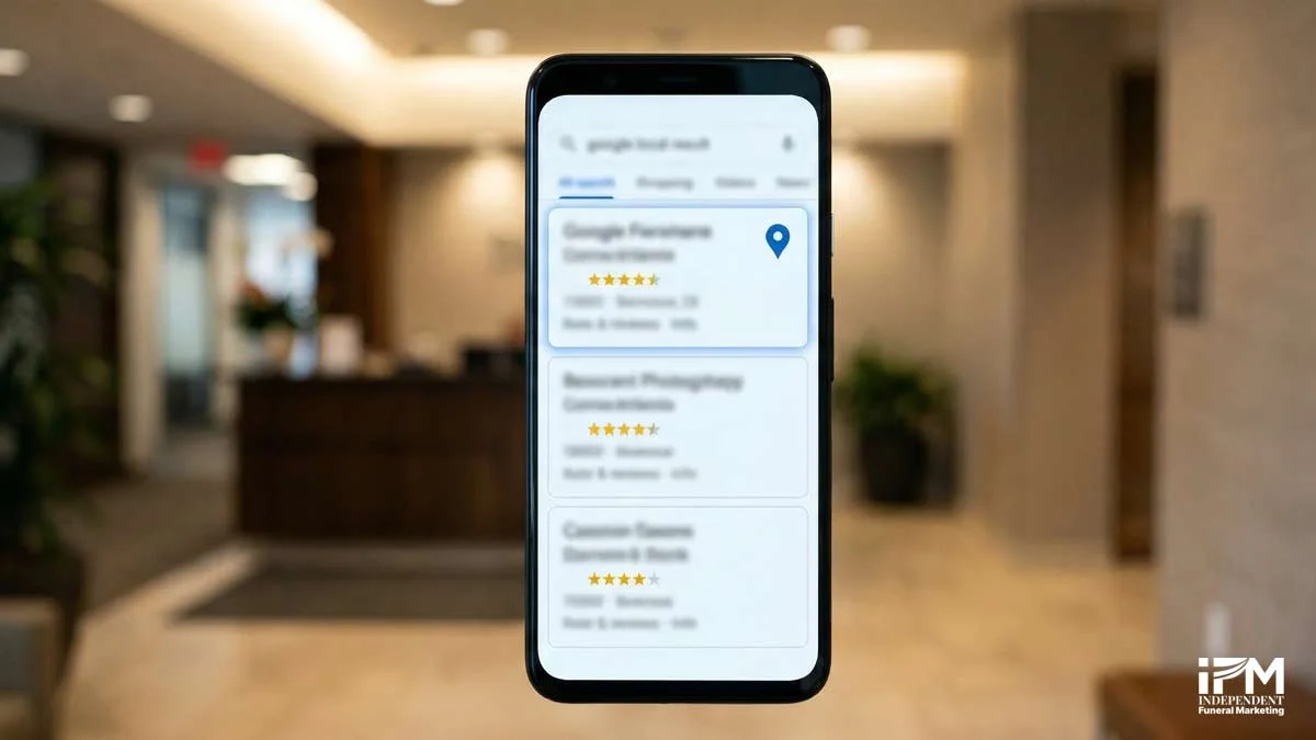 Smartphone displaying a blurred Google local search result with a three-listing map pack, the top result highlighted in brand blue, representing how NAP consistency determines Local Pack visibility for funeral homes