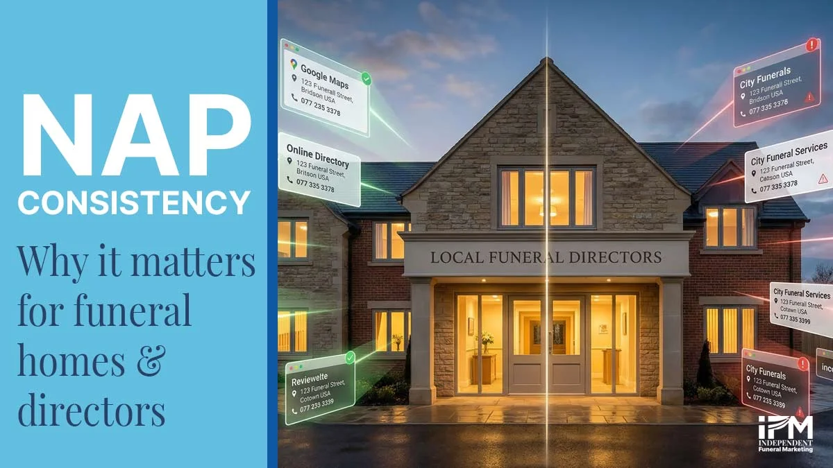 Funeral home local SEO NAP consistency checked across Google Maps, Yell, and directory listings on a laptop screen