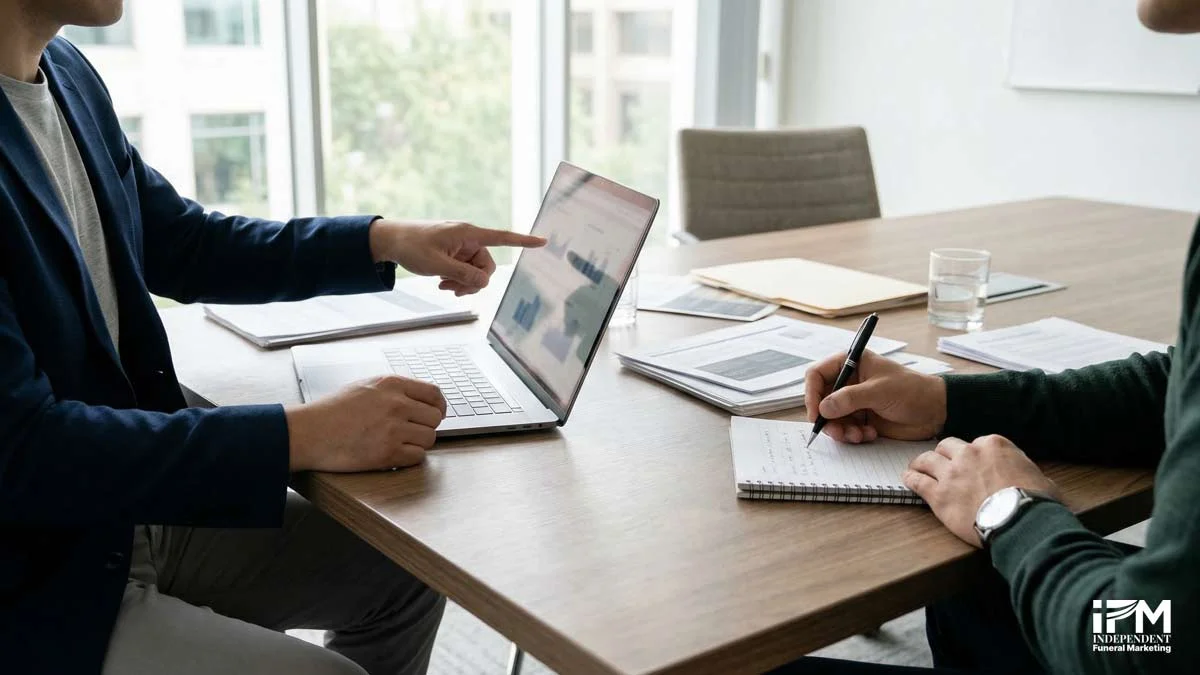Two professionals seated at a meeting table, one pointing at a laptop screen and the other taking notes on a notepad, representing specialist local SEO consulting for funeral homes with complex citation issues