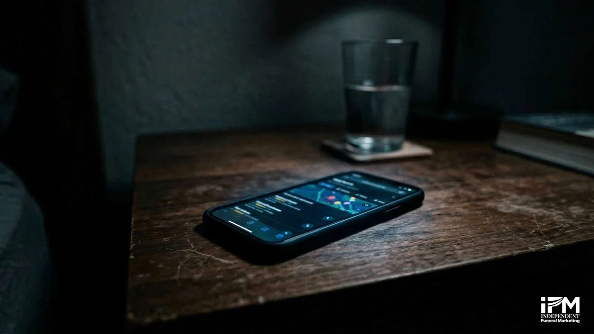 A smartphone screen glowing in low light on a dark desk, showing a blurred local search result, representing a bereaved family searching for a funeral director late at night when wrong contact details cause them to call a competitor