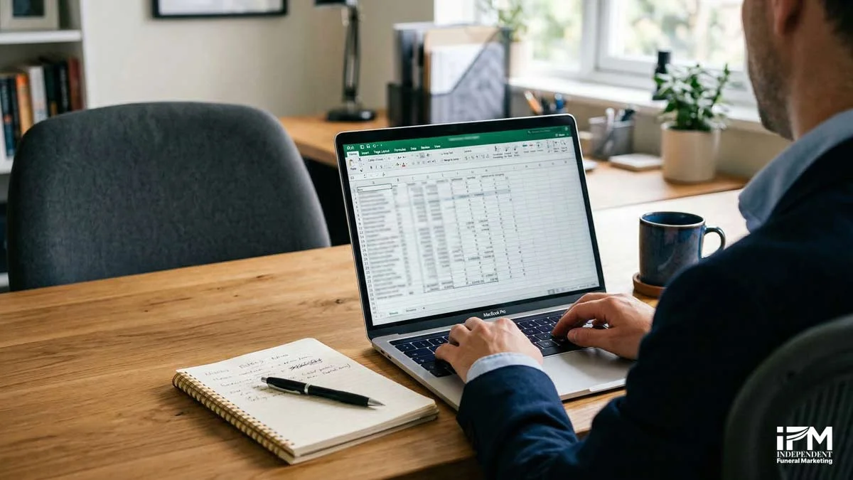 Business owner working at a laptop with an open spreadsheet and notepad beside them, conducting a methodical step-by-step NAP consistency audit for a funeral home