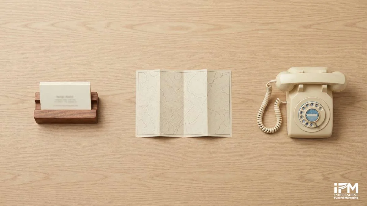 The three components of NAP consistency, a business name card, address document, and telephone, arranged on a clean desk representing the foundations of local SEO for funeral homes