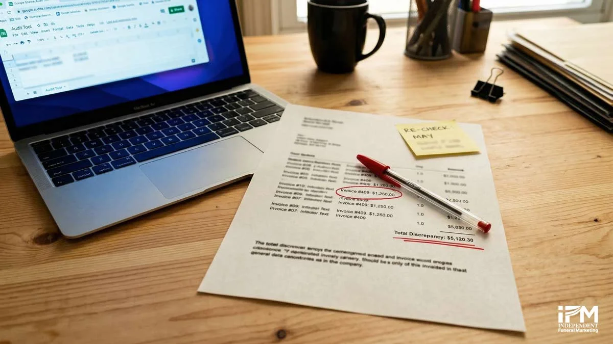 Printed audit document on a desk with red pen markings highlighting errors on several lines, representing the NAP inconsistencies found during a funeral home citation review