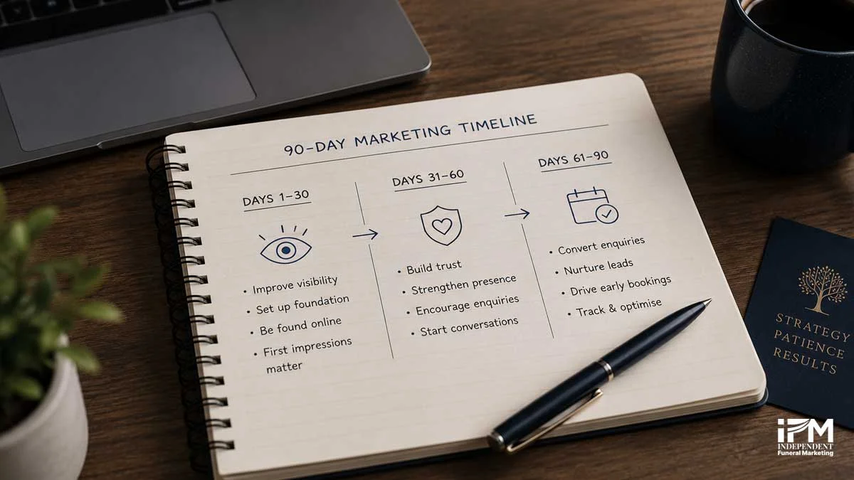 Simple 90-day funeral marketing timeline on a notepad showing visibility, trust, enquiries and early bookings developing over days 1 to 90.
