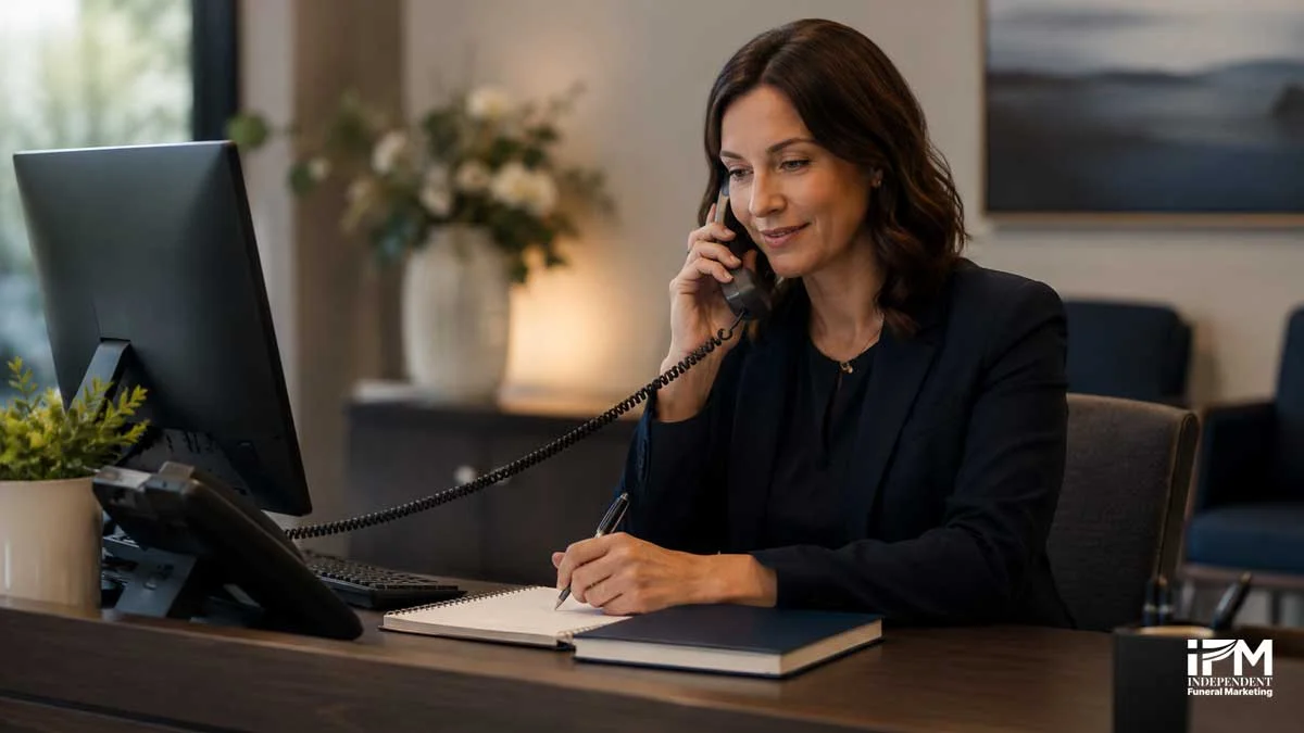 Funeral home staff member answering an enquiry call promptly at a calm reception desk to help convert visibility into bookings.