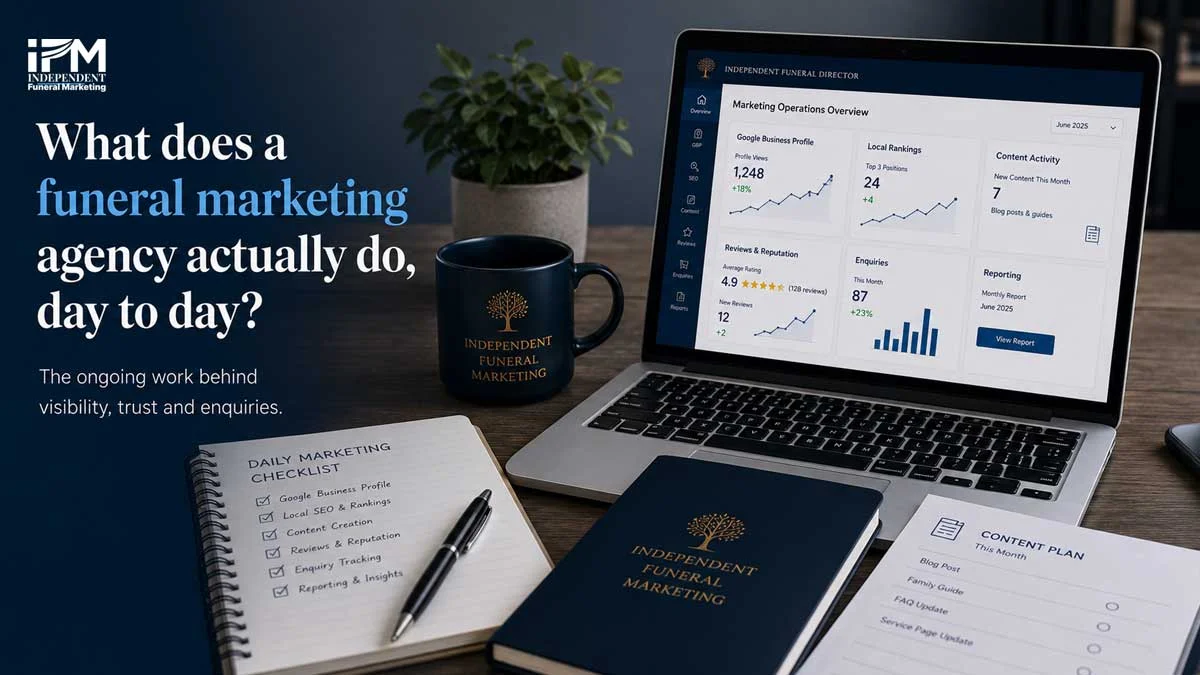 Funeral marketing agency day-to-day work image showing local SEO, Google Business Profile management, content creation, reviews, enquiry tracking and reporting for independent funeral directors.