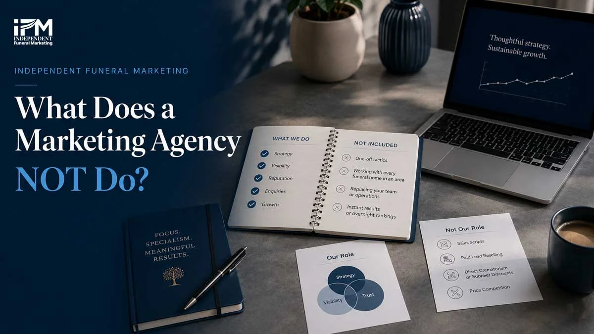 Funeral marketing agency image showing what marketing does not control, including sales calls, pricing, bookings, operations and instant results for funeral homes.