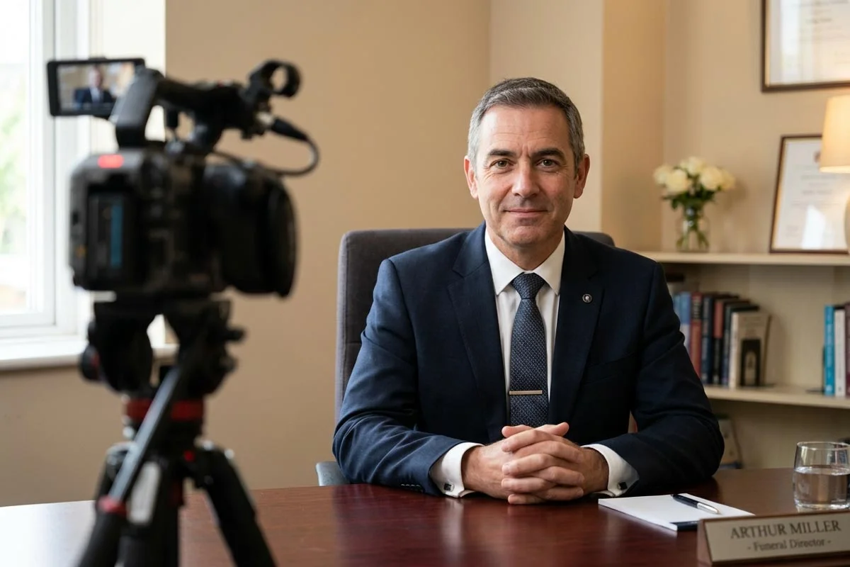 Funeral director being filmed for an introduction video in a professional funeral home setting