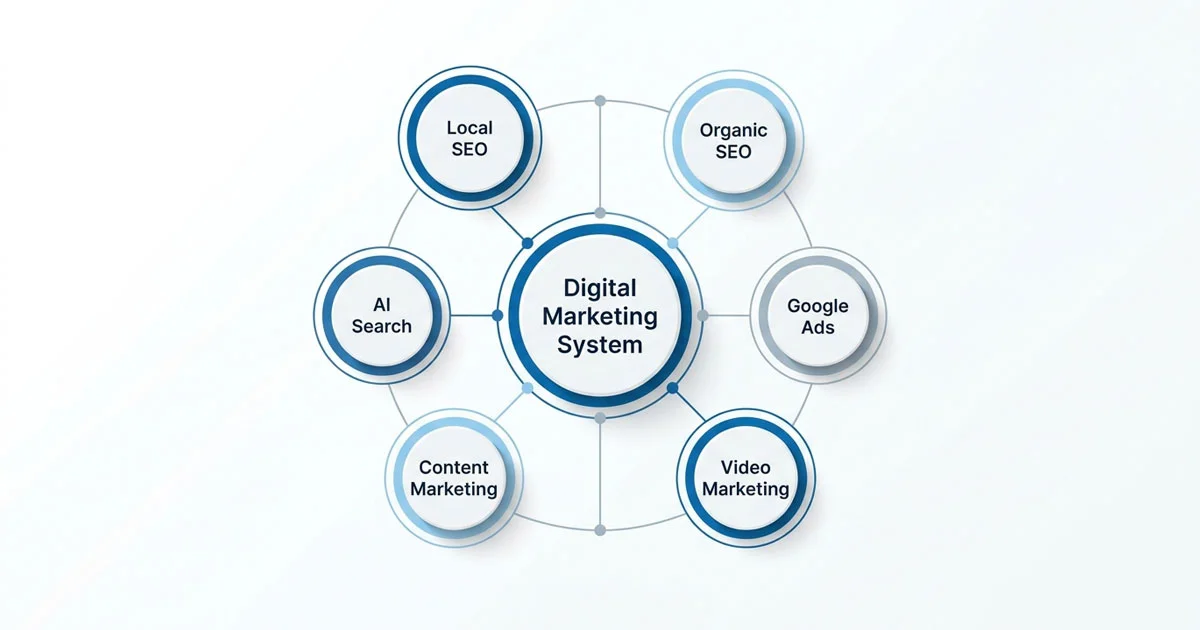 Diagram showing the six digital marketing channels for independent funeral homes as an interconnected system
