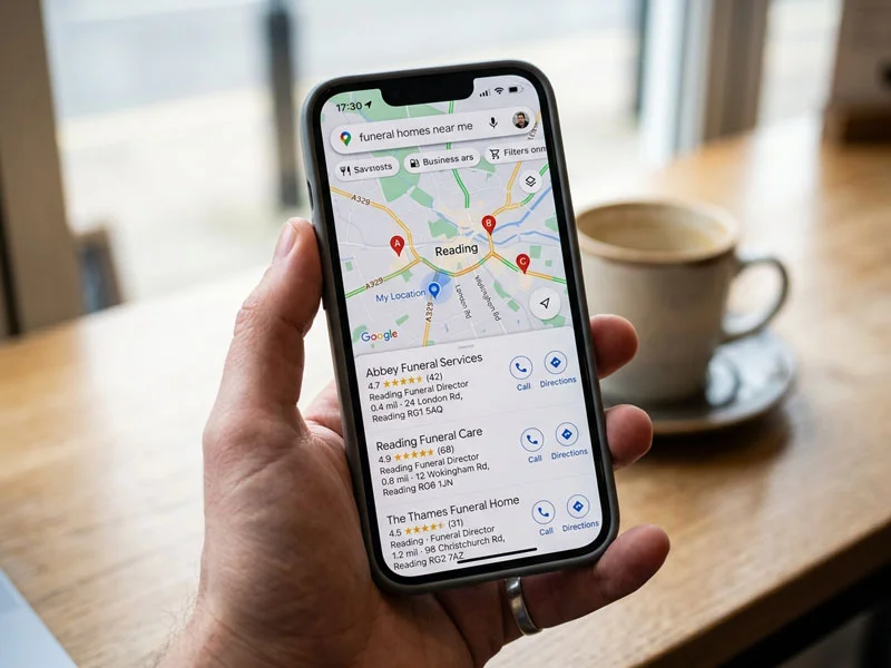 Google Maps local pack search results showing funeral homes in a local area search on a mobile device
