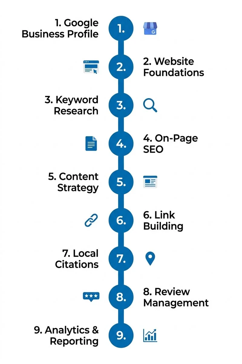 Numbered roadmap showing the nine-step priority order for building a funeral home marketing system