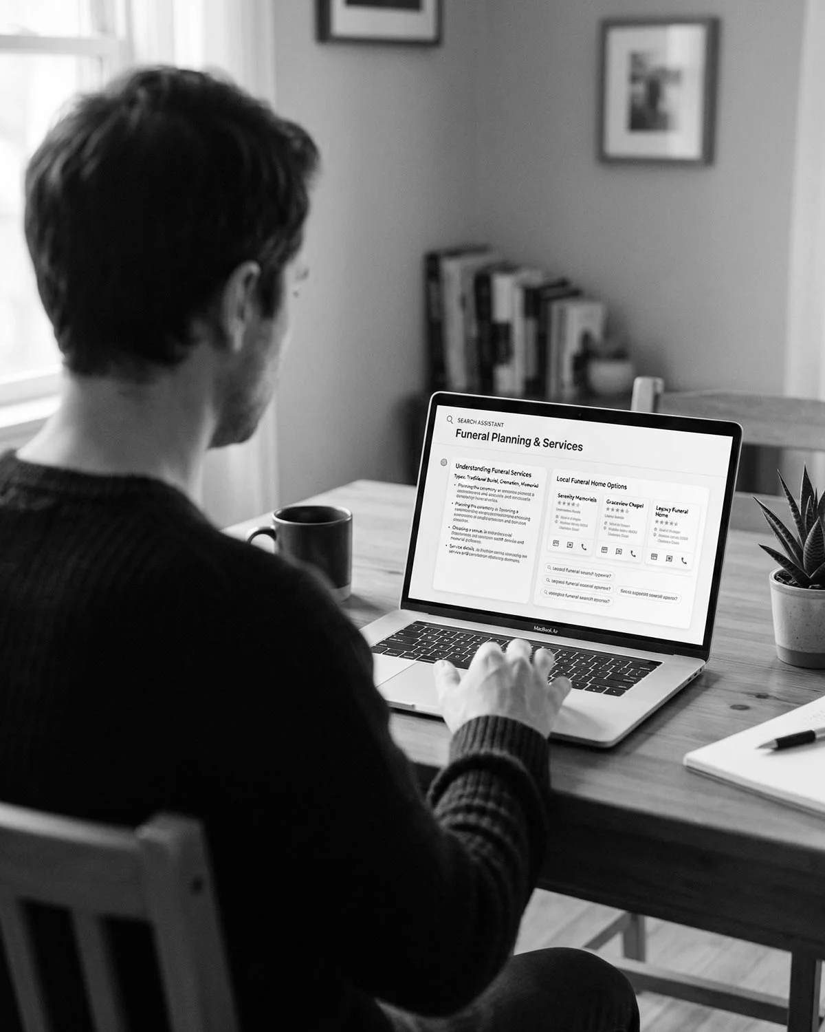 Person researching funeral services using AI search and online questions
