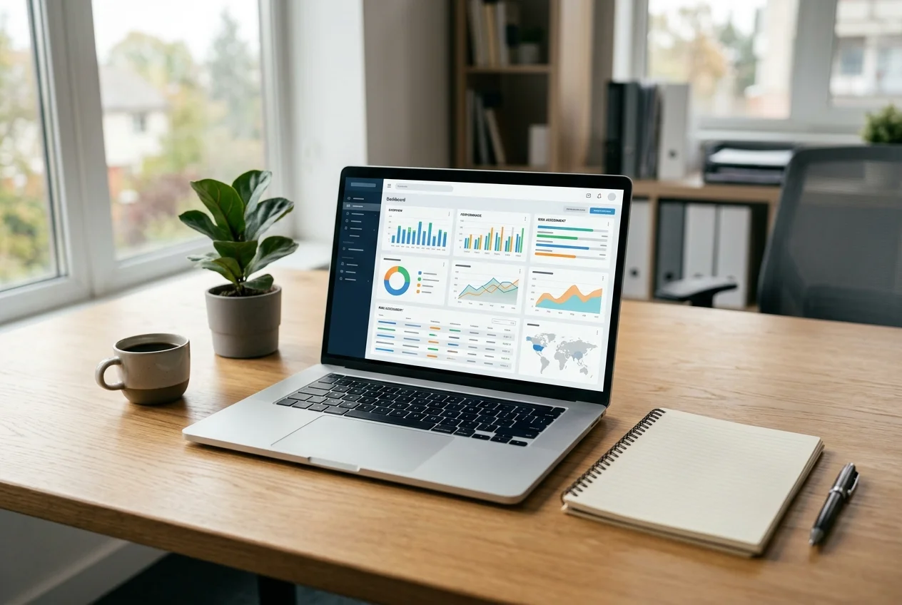 Laptop and notepad on a professional desk representing a structured funeral home marketing audit and review