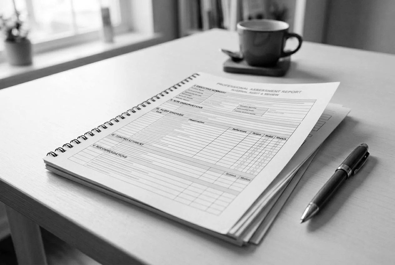 Structured document and pen on a professional desk representing a prioritised funeral home marketing action plan