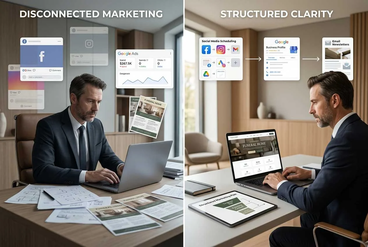 Scattered papers on a desk representing disconnected funeral home marketing activities that fail to work as a system