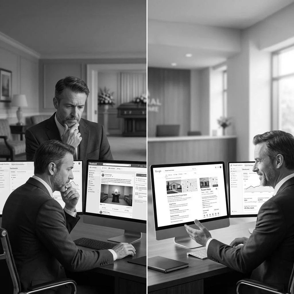 Independent funeral home exterior on a quiet UK street, representing the visibility problem facing many funeral directors