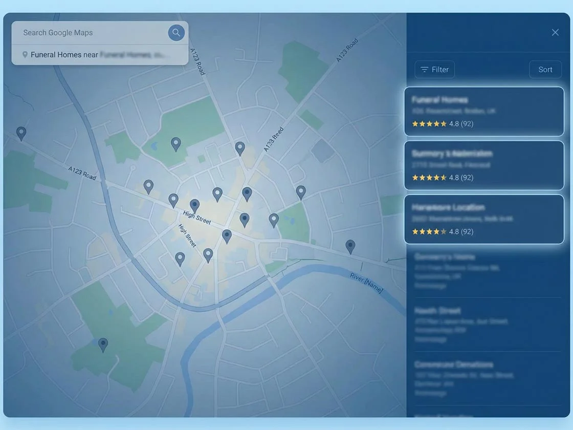Google Maps showing funeral home local SEO results with Top 3 Map Pack listings highlighted in a competitive town search.