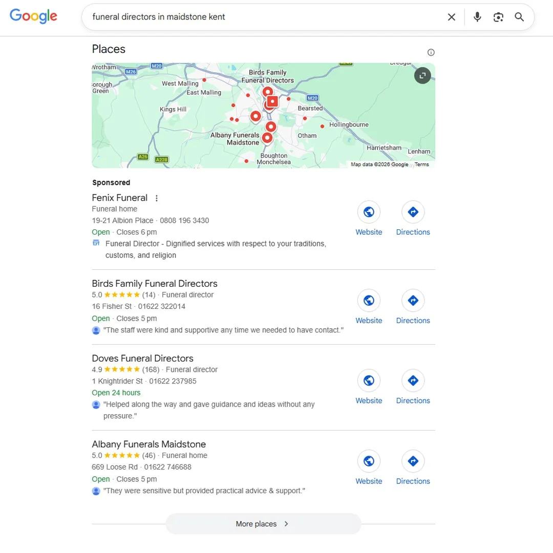 Google search results showing funeral directors in Maidstone, demonstrating local SEO visibility for independent funeral homes.