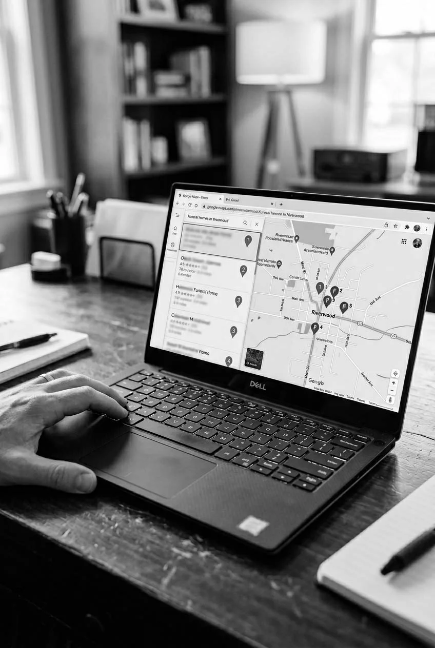 A laptop showing incomplete Google search results, illustrating the visibility gaps common among independent funeral homes.