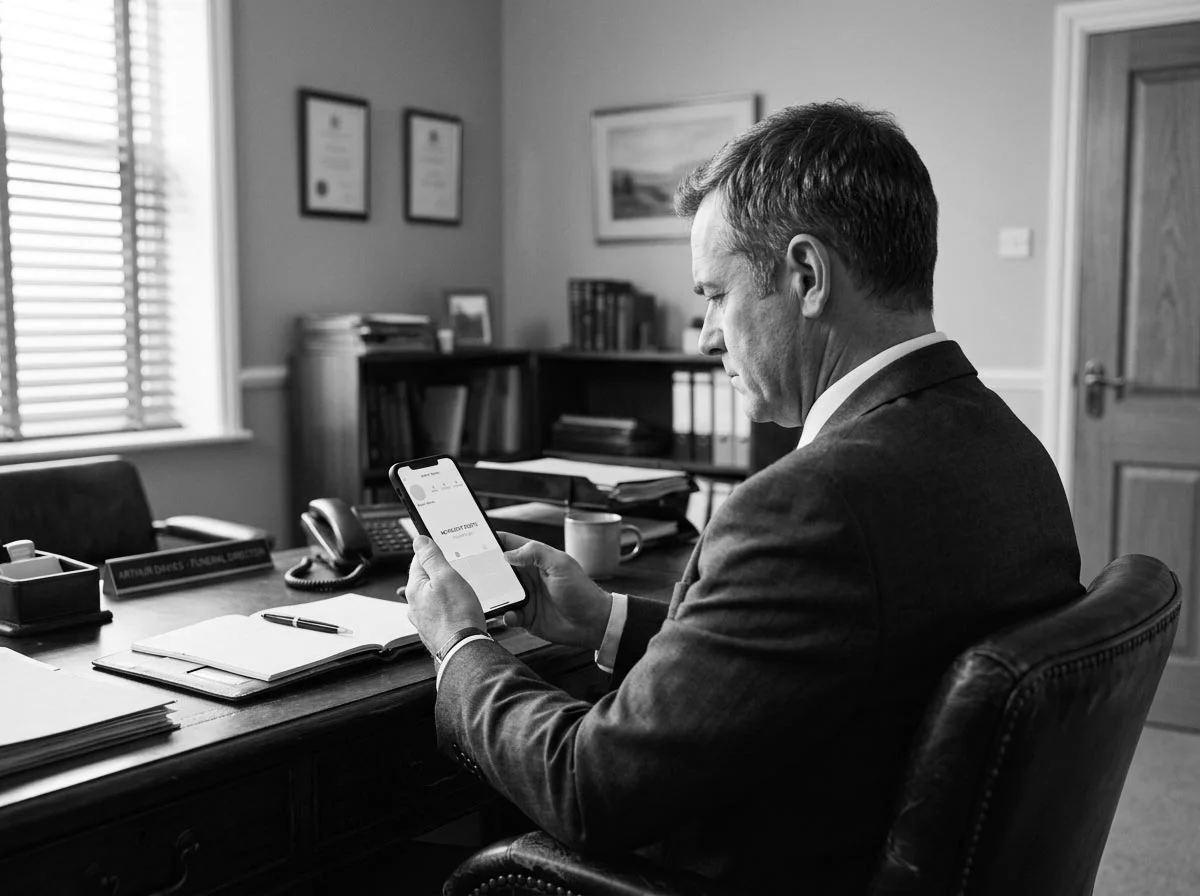 Funeral director at a professional desk reviewing a sparse, inactive social media profile on a smartphone