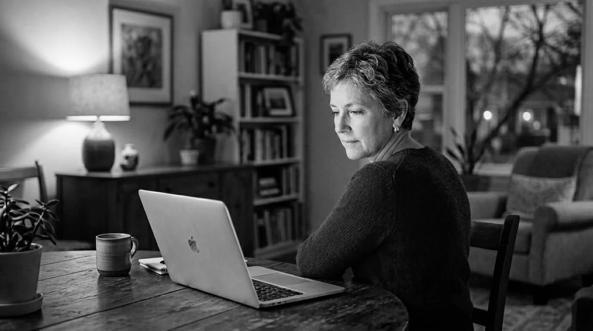 A family member quietly researching funeral homes online at home, screen glow on face, warm residential setting.